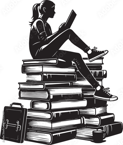 Silhouette of woman reading a book while sitting on a stack of books with briefcase