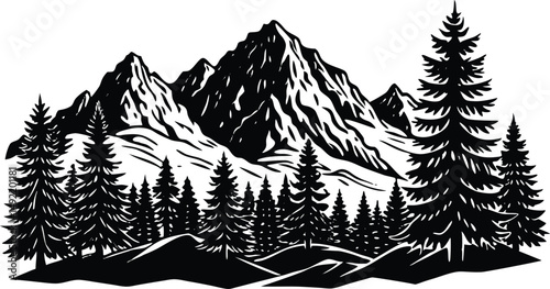 PrinBlack mountain landscape silhouette with layered peaks and dramatic horizon. Minimal nature scenery for travel, hiking, and wilderness concepts. Vector illustration for posters and backgrounds