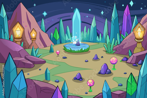 Hidden valley with glowing crystals and mushrooms vector illustration