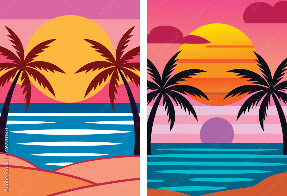 Fototapeta premium Flat tropical banner landscape with palm trees, bright sun, and sandy beach. Vibrant and minimalist design perfect for summer themes, travel, vacation, and tropical backgrounds