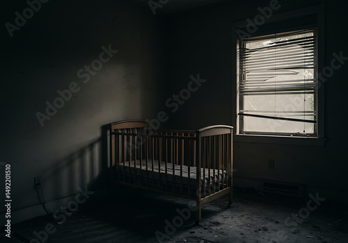 Abandoned crib haunting shadows whisper forgotten dreams a poignant scene of lost innocence