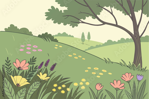 Lush green meadow filled with colorful wildflowers vector illustration