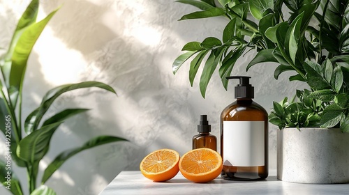 Natural skincare products, orange slices, plants