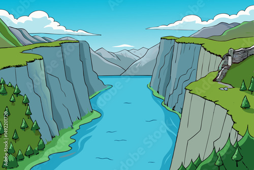 Serene fjord with steep cliffs and still waters vector illustration