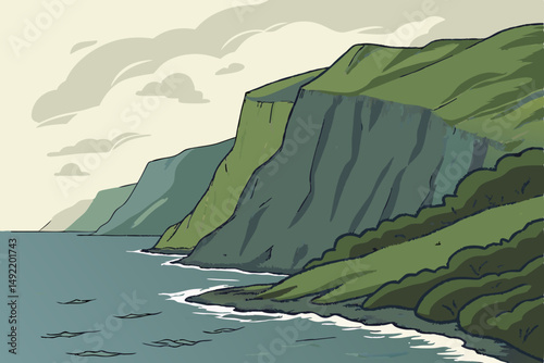 Majestic fjord with cliffs descending into calm sea vector illustration
