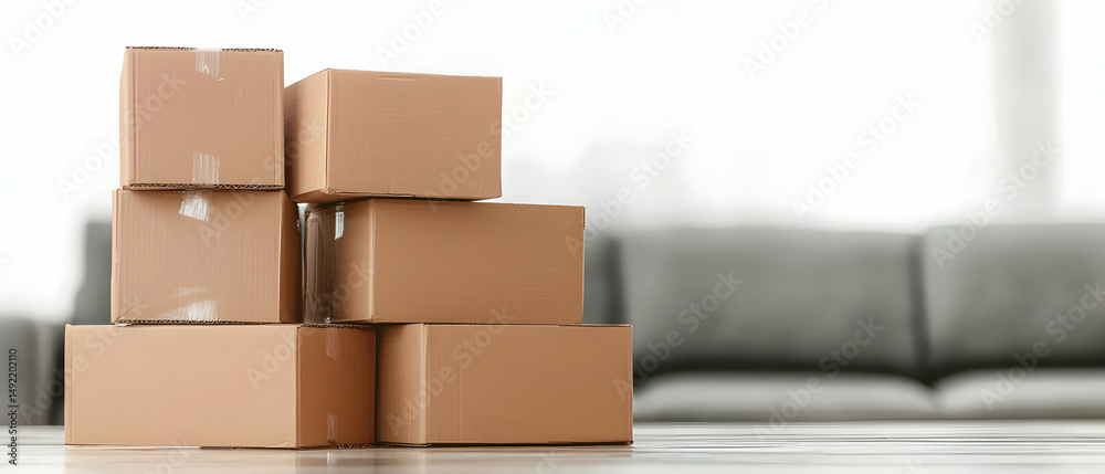 Obraz premium Stacked Cardboard Boxes On Table In Empty Room