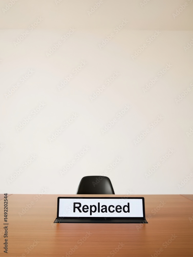 Fototapeta premium Minimalist Office Desk with Replaced Message Concept Loss Job Anxiety Automation AI Threat Corporate Future Minimalism Scene, Selective Focus..