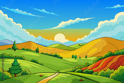 Breathtaking panorama of rolling hills under violet sky vector illustration