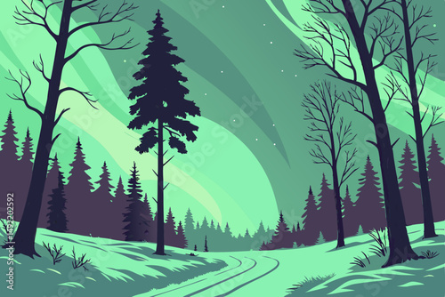 Northern lights glowing above snowy winter forest vector illustration