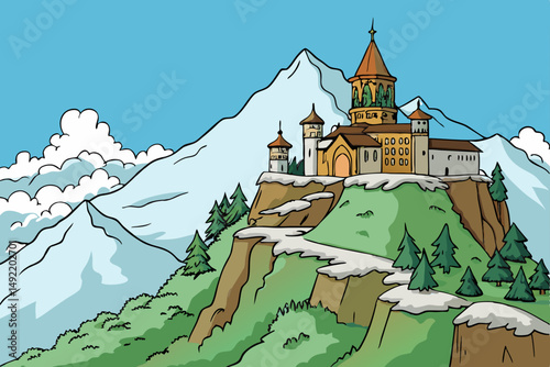 Distant monastery perched atop snowy mountain peak vector illustration