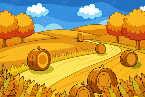 Golden autumn field with scattered hay bales vector illustration