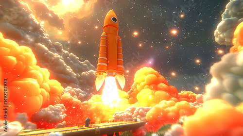 Stylized 3D render of a rocket launching into a vibrant sunset sky, surrounded by dynamic, colorful clouds.  Perfect for illustrating concepts of innovation, space exploration, or new beginnings.
