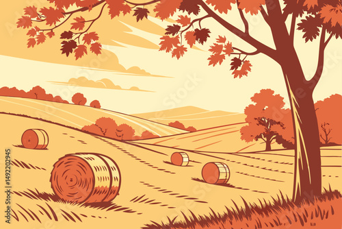 Harvest field in golden autumn with hay bales vector illustration