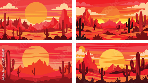 Mountains landscape in warm red tones with cacti and sunset sky. Bright peaceful cartoon nature scenery perfect for prints, cards, and decoration. Vibrant desert sunset background