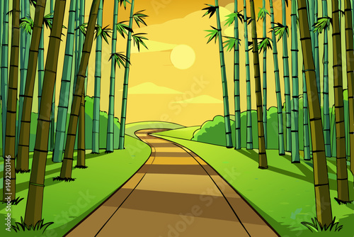 Bamboo forest path with sunlight filtering through leaves vector illustration