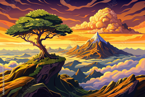 View of Lone Tree on a Cloud Shrouded Mountaintop landscape at Sunset cartoon