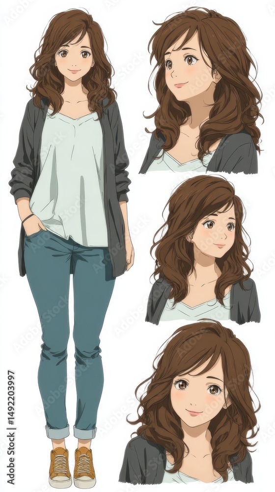 Obraz premium Aira displays a cheerful expression, showcasing her wavy long hair. She wears a casual outfit with a cardigan and jeans, standing confidently with her hands in her pockets