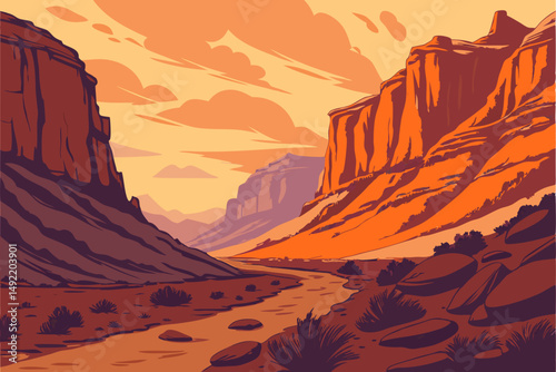 Sunset over rocky desert canyon with deep orange hues vector illustration