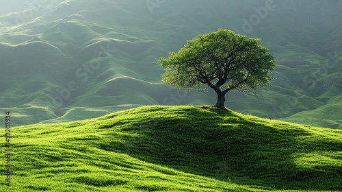 Solitary tree on a grassy hilltop photo