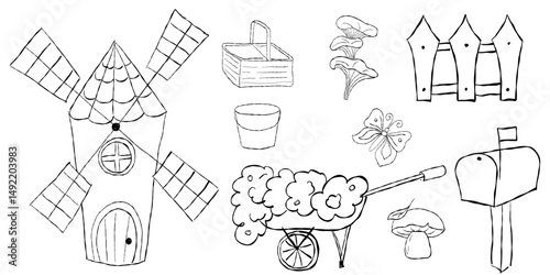 Countryside garden set with windmill wheelbarrow mushrooms butterfly bucket and fence