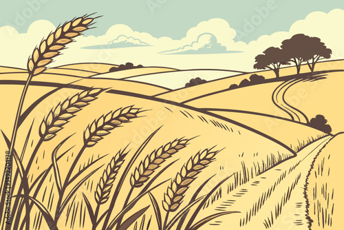 Vast wheat field gently swaying in summer breeze vector illustration