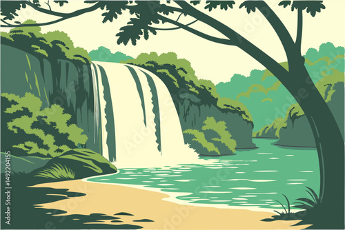 Waterfall flowing into crystal clear lagoon vector illustration