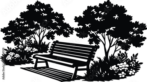Silhouette of a park bench with surrounding trees and natural landscape. Peaceful outdoor scene perfect for relaxation, nature, leisure, and park themes. Vector illustration for backgrounds and design