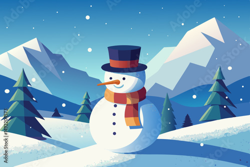 Snowman with scarf and top hat in snowy weather vector illustration