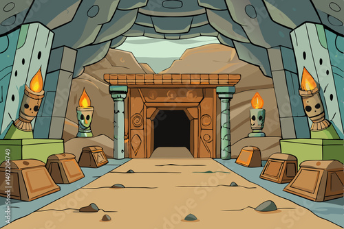Forgotten cavern with ancient carvings on the walls vector illustration