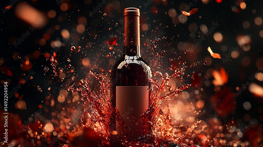 Fototapeta premium Red wine bottle erupts in a splash of liquid