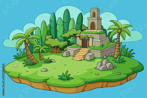 Jungle island covered with ancient hidden ruins vector illustration