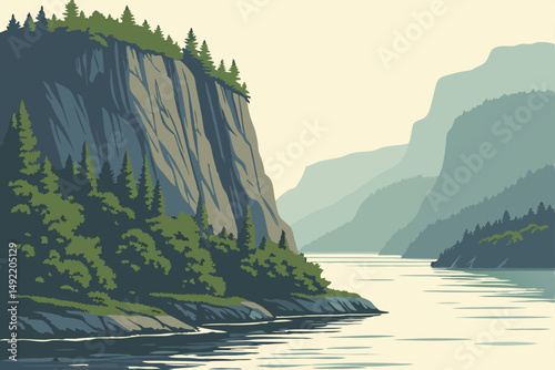 Serene fjord with steep cliffs plunging into water vector illustration