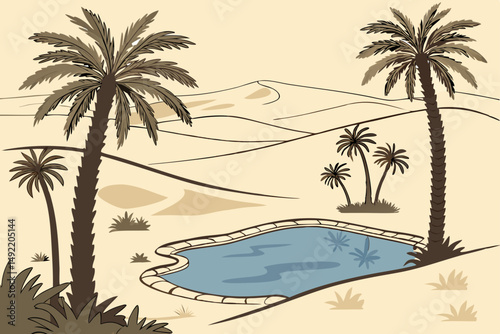 Mystical desert oasis surrounded by palm trees vector illustration