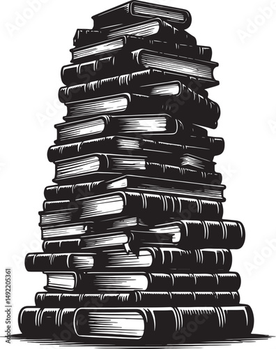 A monochrome illustration of a tall stack of books against a white background art