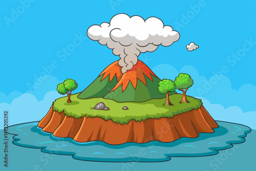Volcanic island with smoke rising from crater peak vector illustration