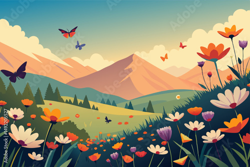 Wildflower meadow with butterflies fluttering above vector illustration
