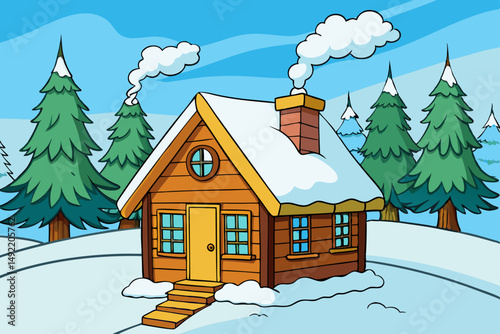 Cozy winter cabin in snowy woods with smoke rising vector illustration
