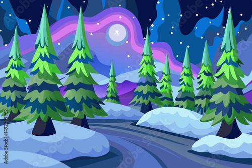 Northern lights glowing over snowy forest vector illustration