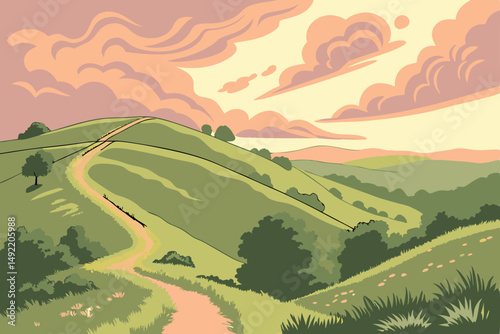 Breathtaking panorama of rolling hills under violet sky vector illustration
