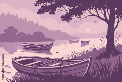 Misty lake at dawn with wooden boats gently floating vector illustration