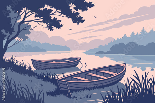 Dawn mist over lake with wooden boats drifting vector illustration