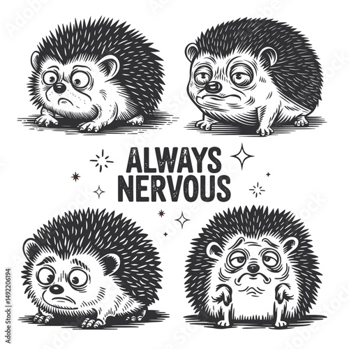 Four nervous hedgehog illustrations with anxious expressions