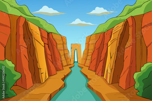 Narrow canyon leading to hidden cave entrance vector illustration