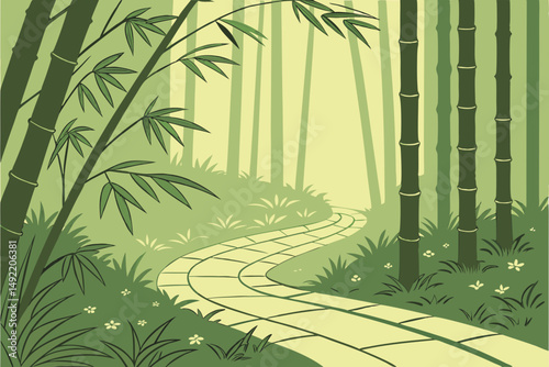 Sunlight filtering through bamboo forest path vector illustration
