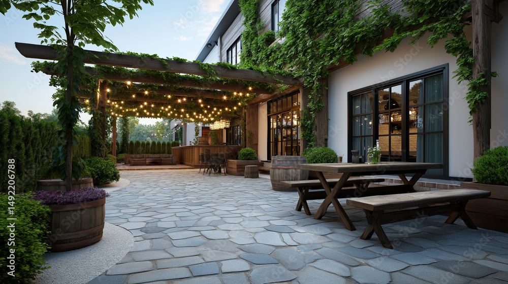 Obraz premium Inviting courtyard setting with rustic charm and twinkling lights for a cozy vineyard experience