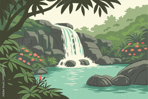 Waterfall flowing into crystal clear lagoon vector illustration