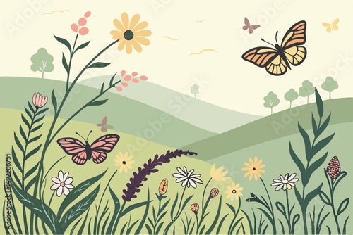Wildflower meadow with butterflies fluttering vector illustration