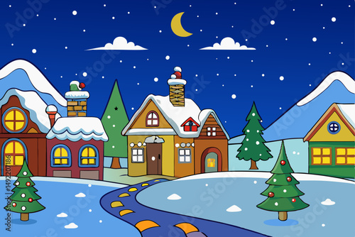 Peaceful snowy night in Christmas village vector illustration