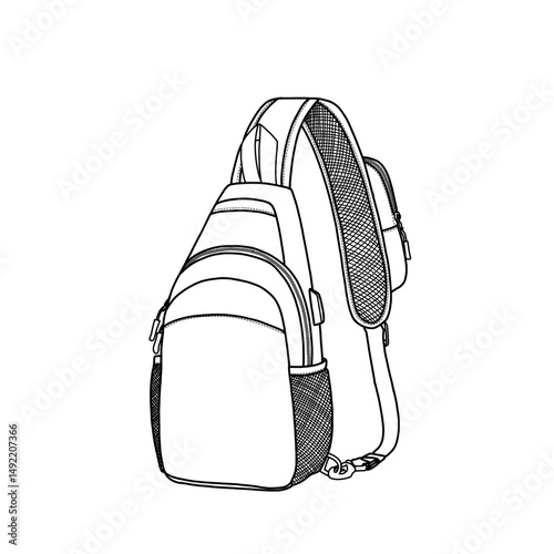 Crossbody sling bag, travel hiking daypack, shoulder chest bag with adjustable shoulder strap vector icon line art. An editable vector design of a crossbody bag isolated on a white background.
