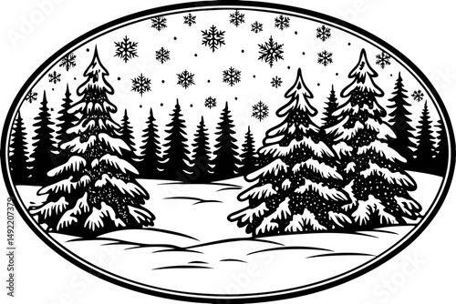 Snowy pine forest with falling snowflakes vector illustration
